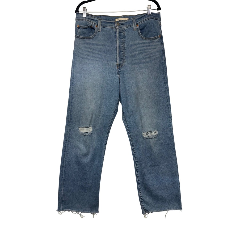 Levis Ribcage Straight Ankle Jeans Womens 32 Medium Wash Distressed Button Fly